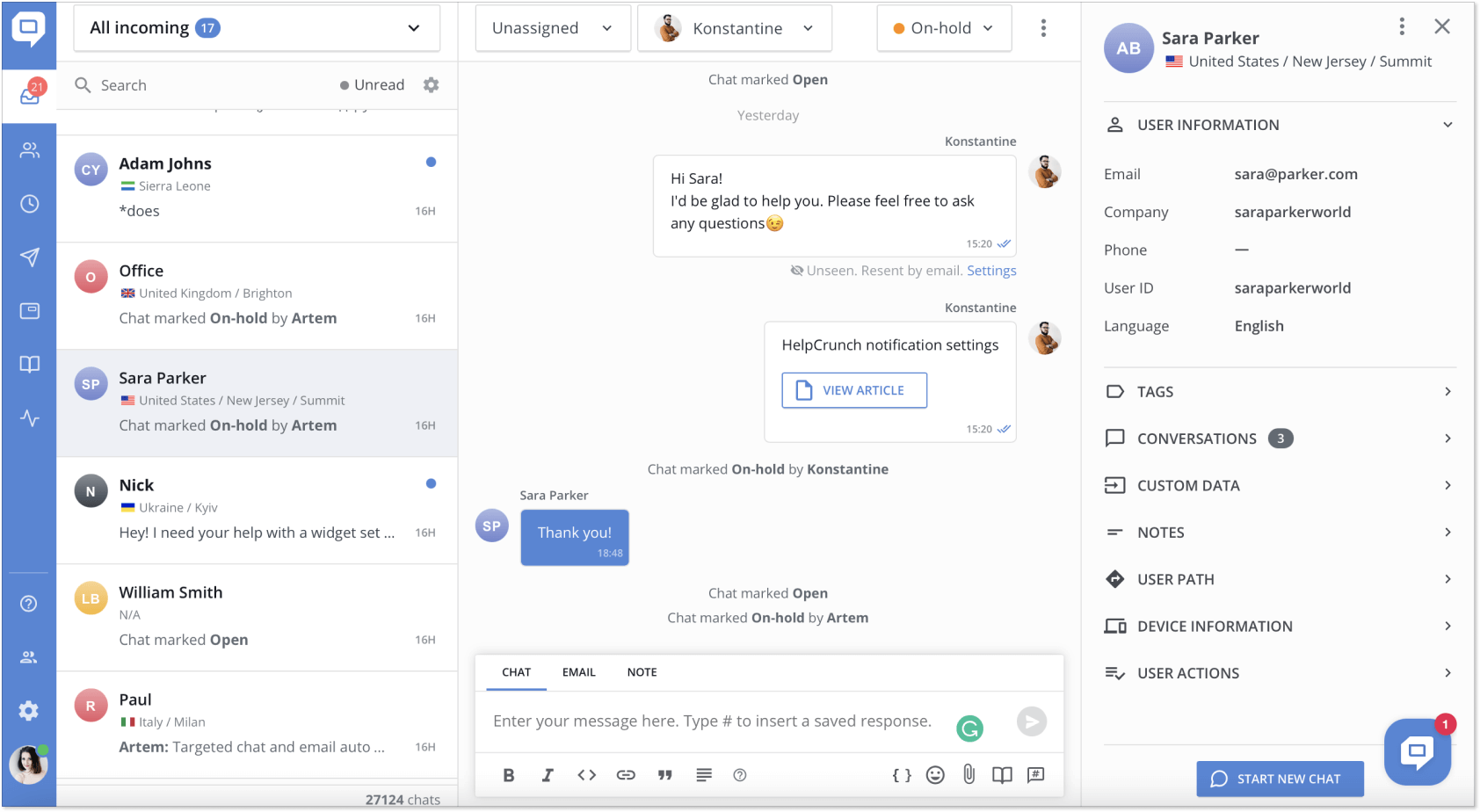 HelpCrunch shared inbox interface look