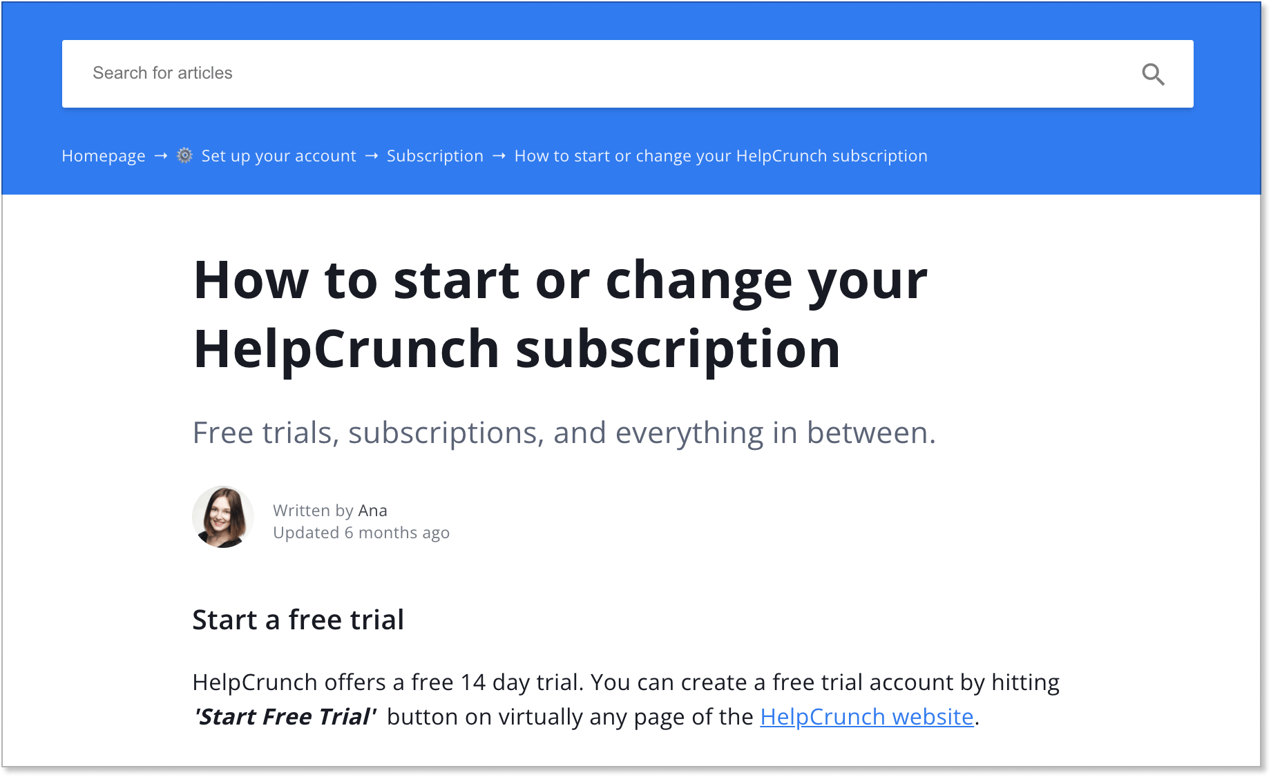 HelpCrunch is set up for knowledge base SEO with internal links in its help articles