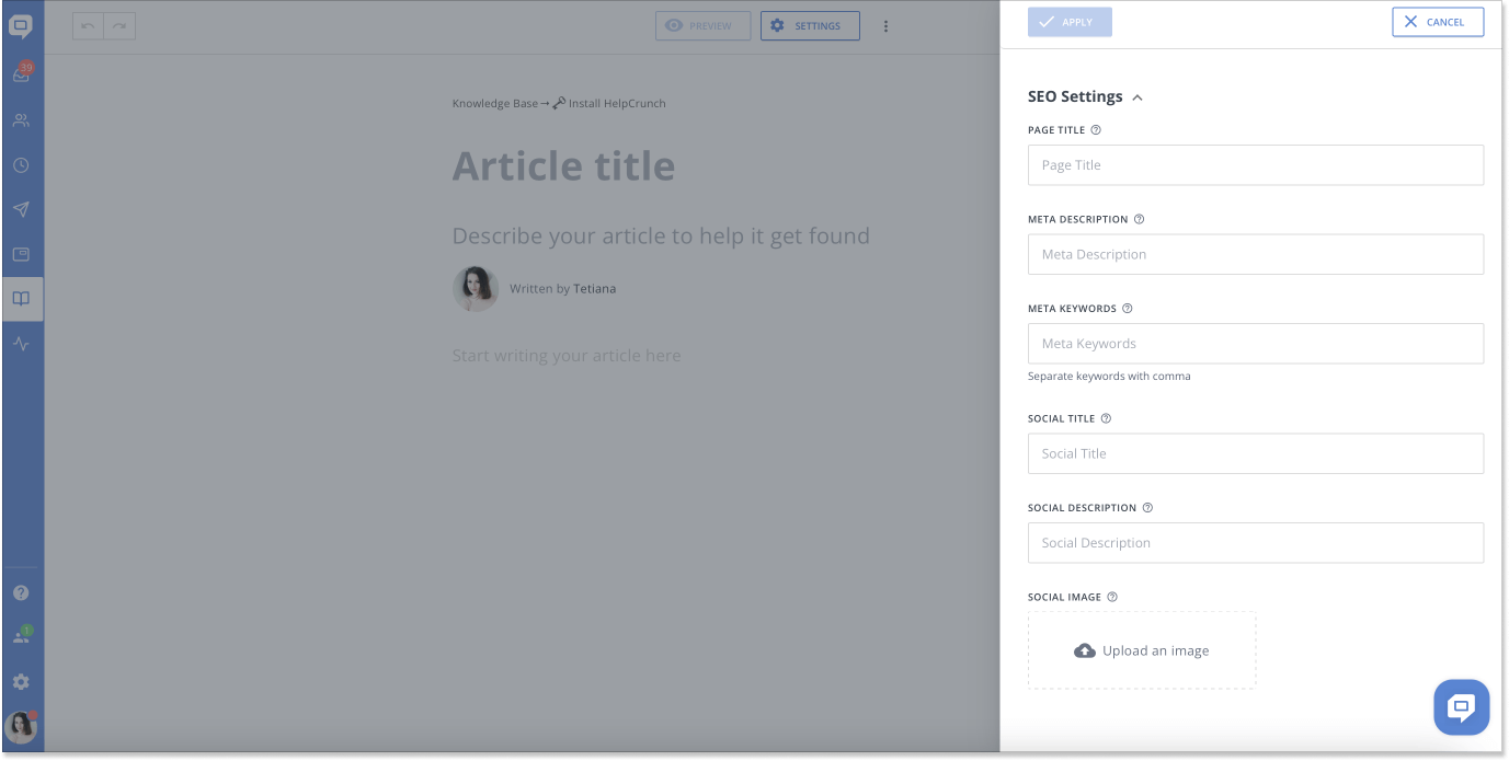 HelpCrunch knowledge base SEO settings