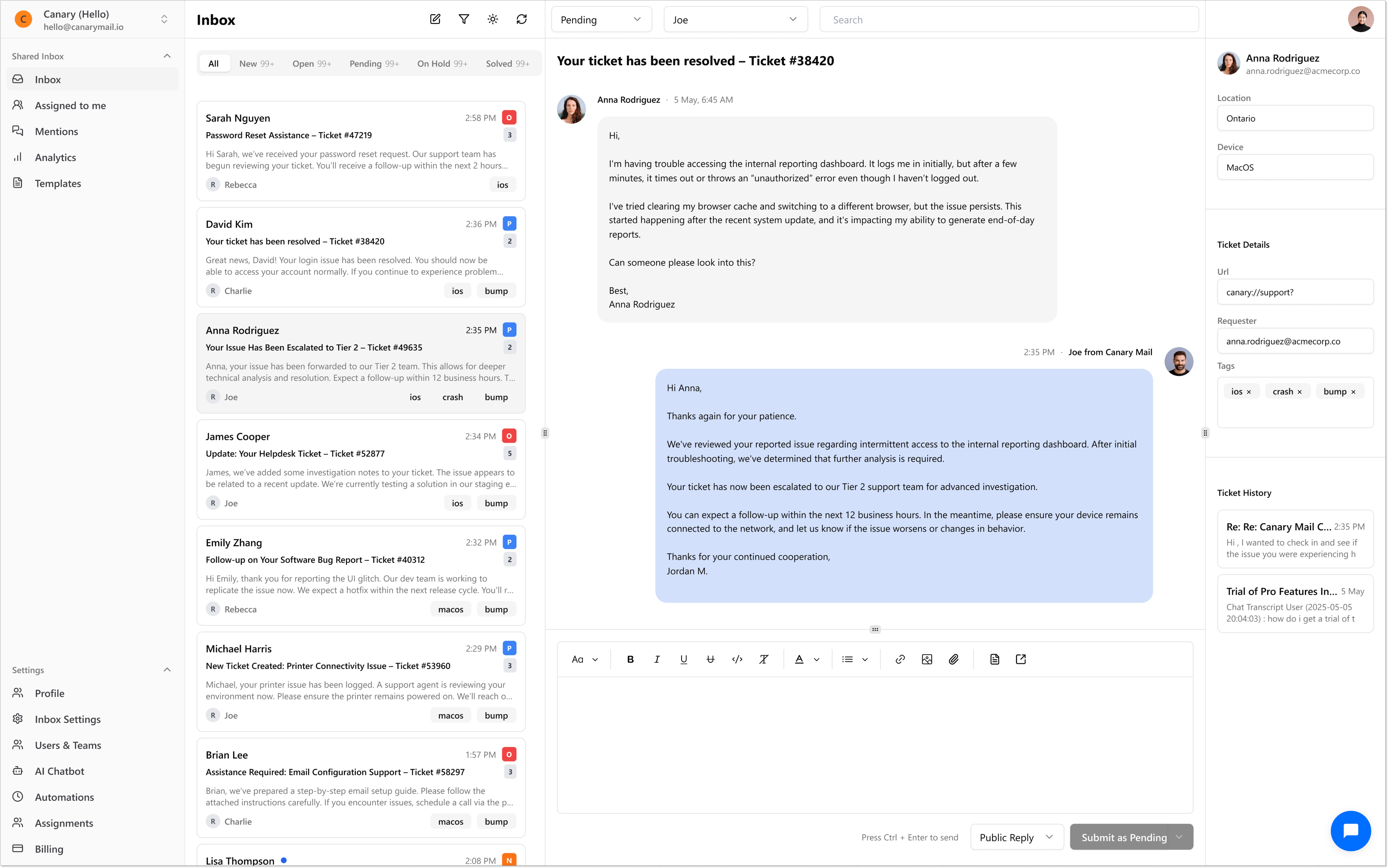 canary shared inbox screenshot