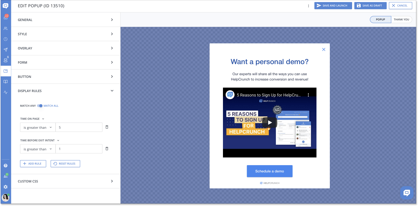 Video popup builder in HelpCrunch