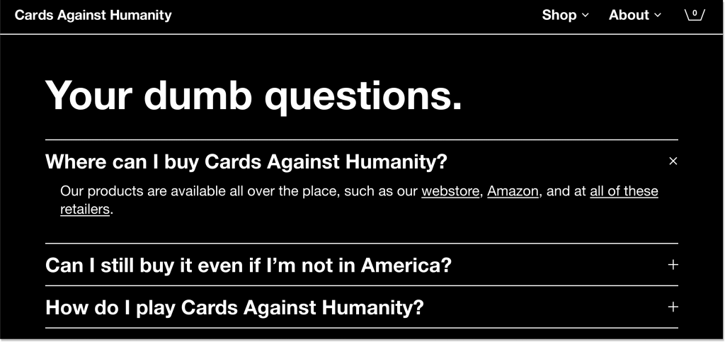 cards against humanity faq page design