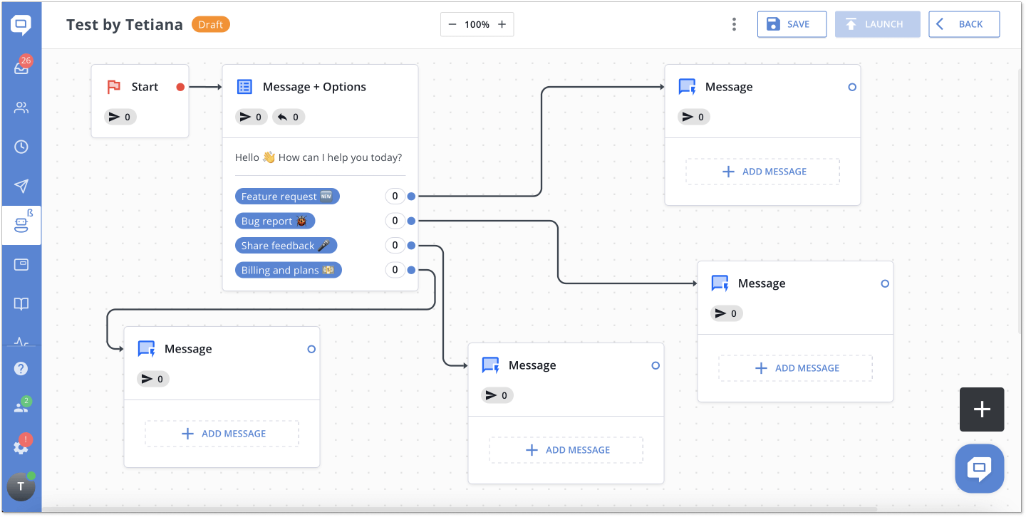 HelpCrunch chatbot editor UI