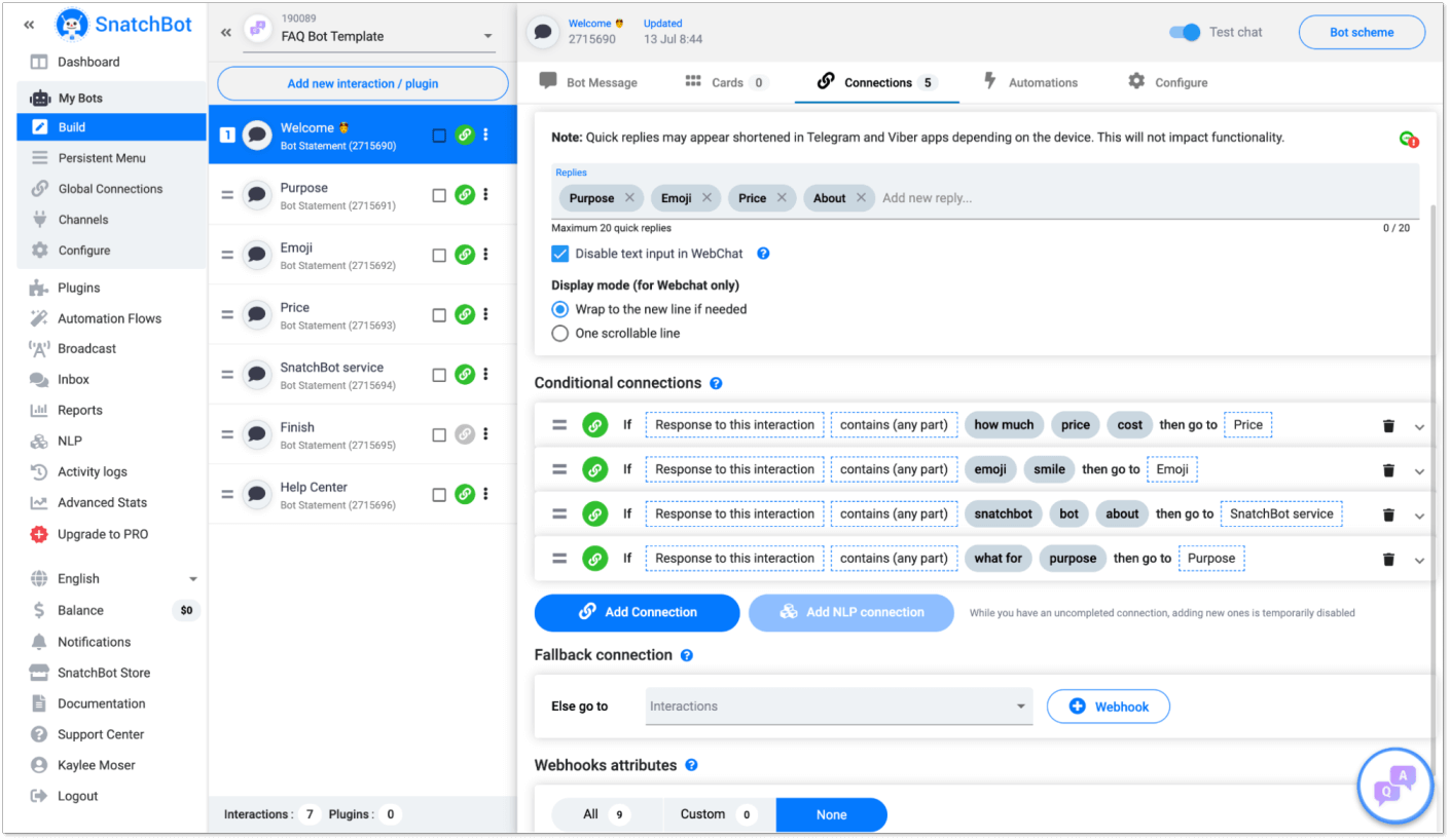 Snatchbot chatbot editor UI