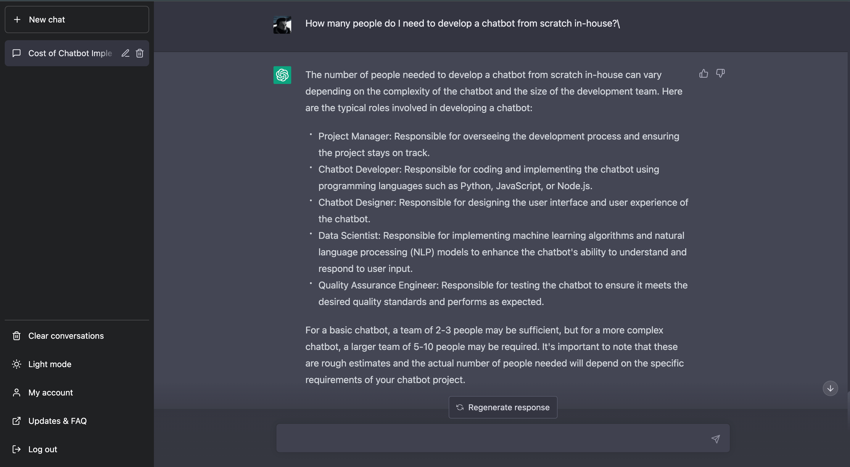 ChatGPT answers how many people a business needs to hire to build a chatbot