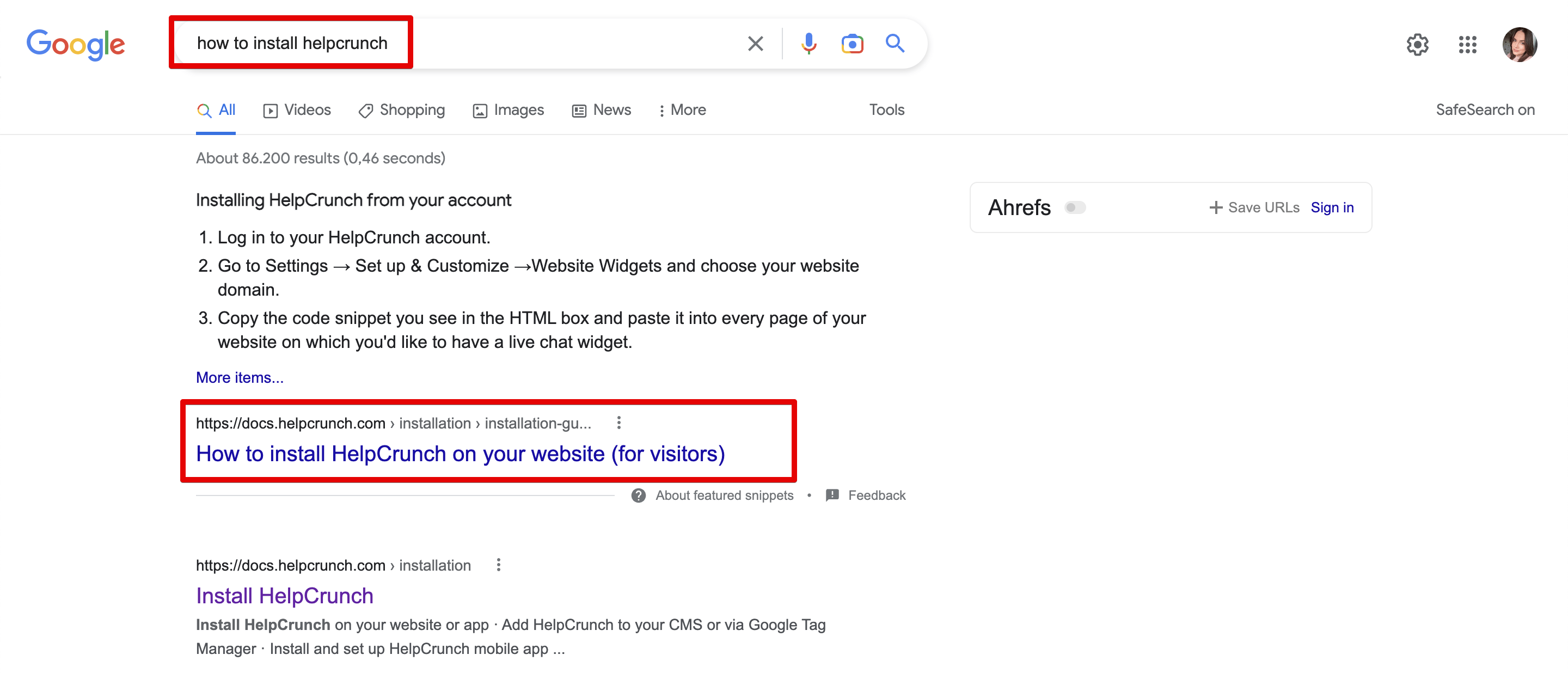 the HelpCrunch knowledge base in Google