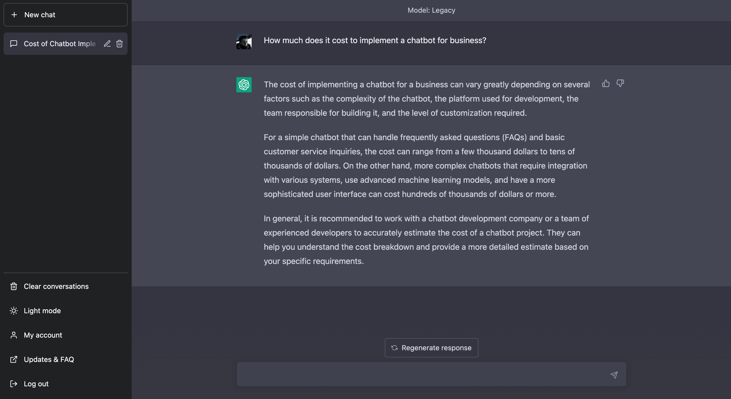 ChatGPT answers how much chatbot implementation costs