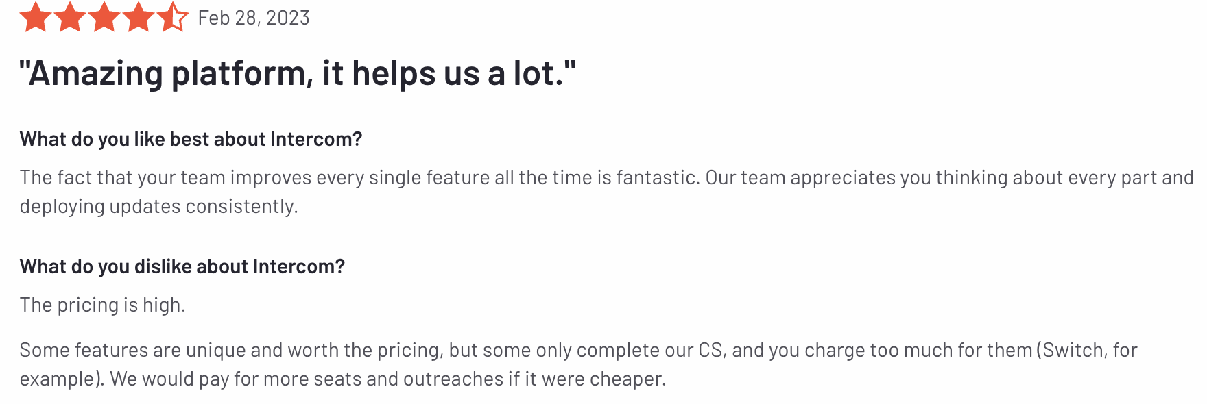 Intercom customer review on G2