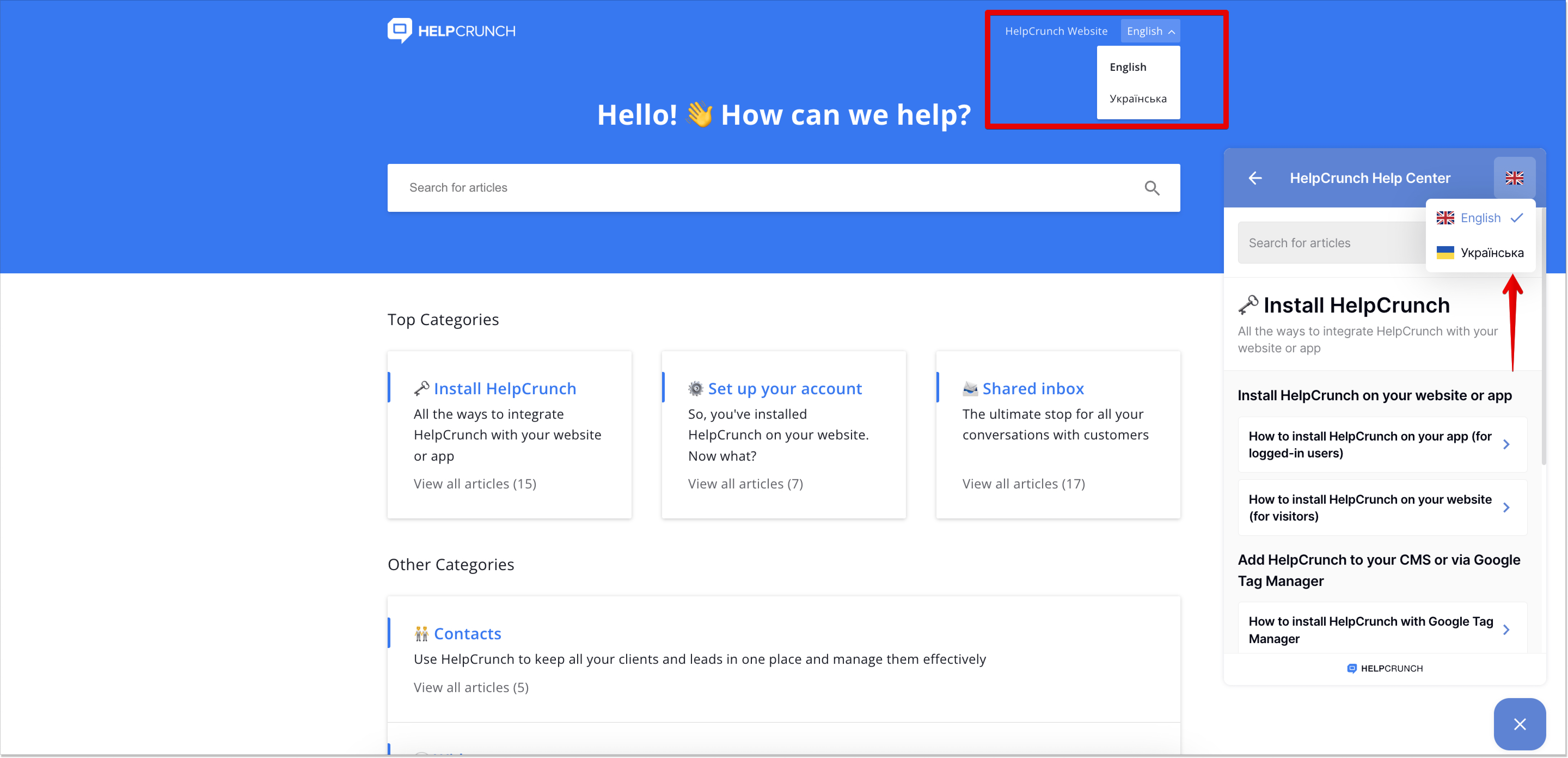 multilingual knowledge base in HelpCrunch