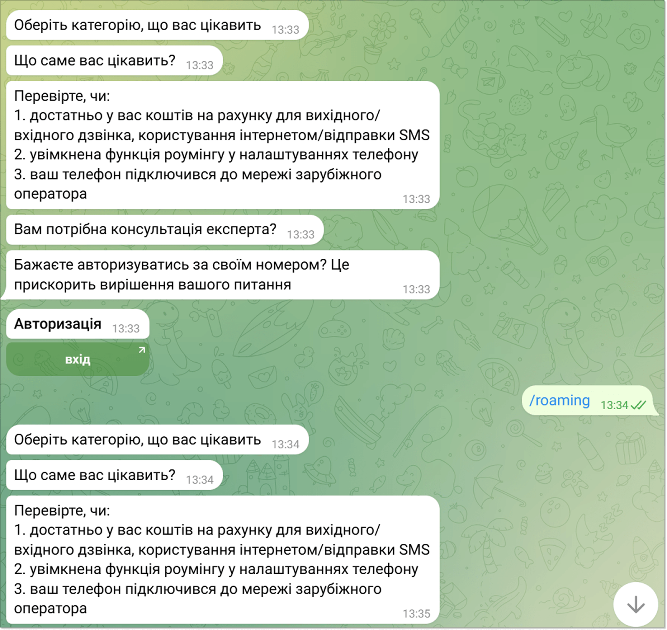Приклад Телеграм чат-бота мобільного оператора.