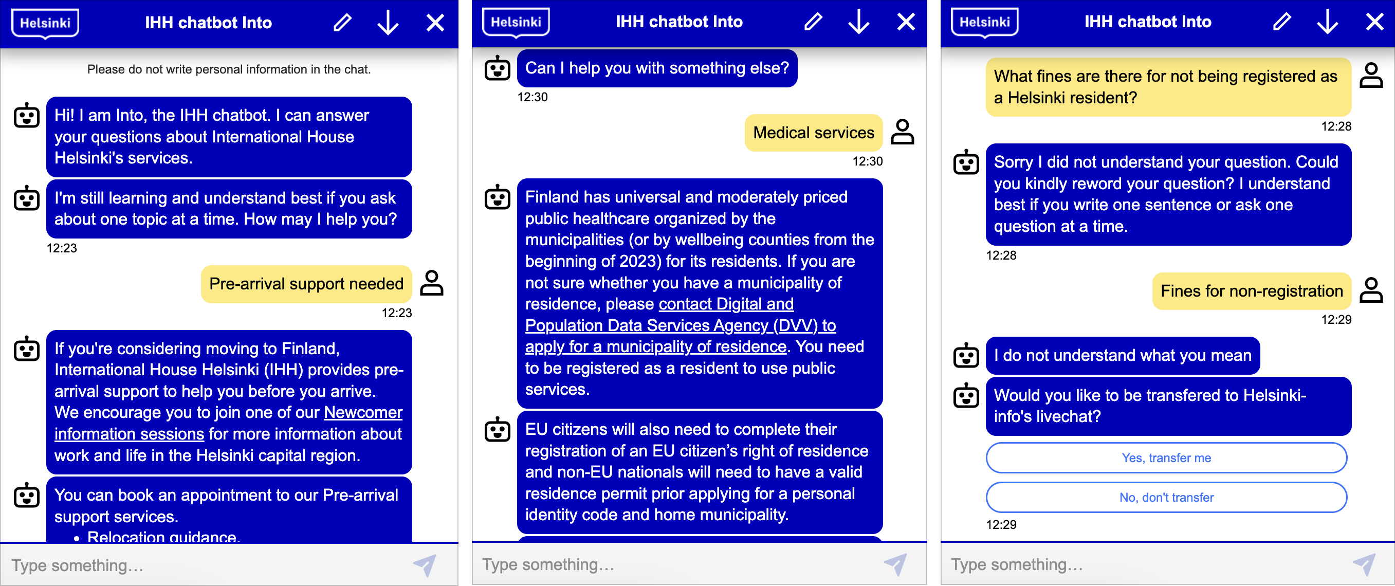 A transfer to a human agent flow example from International House Helsinki