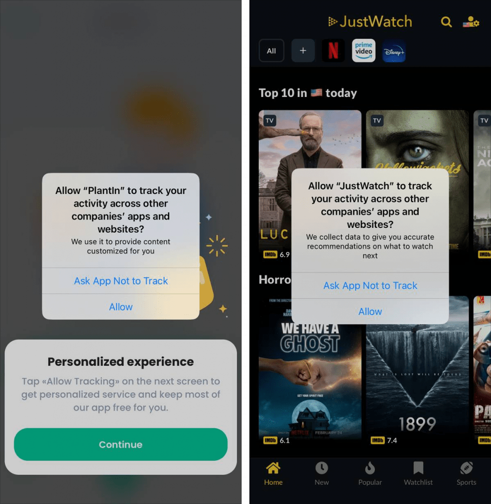 PlantIn and JustWatch asking permissions in-app