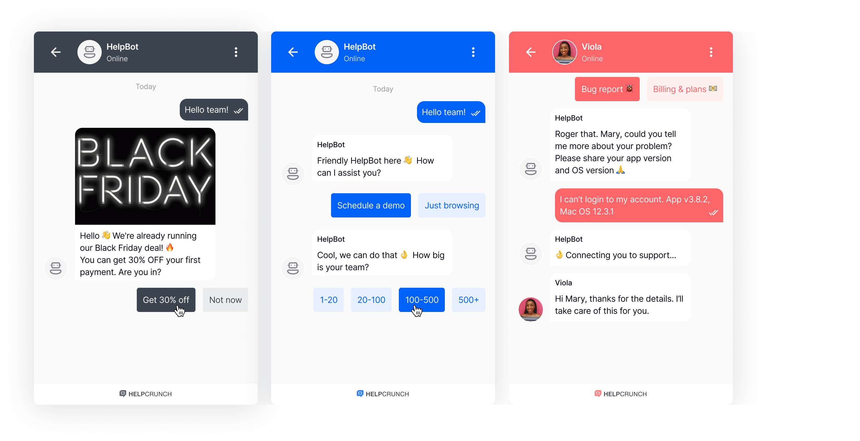 HelpCrunch chatbot for support, marketing &sales
