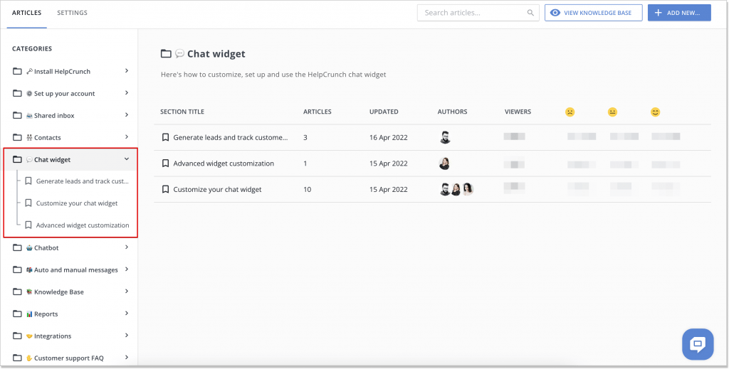 HelpCrunch knowledge base tool sreenshot