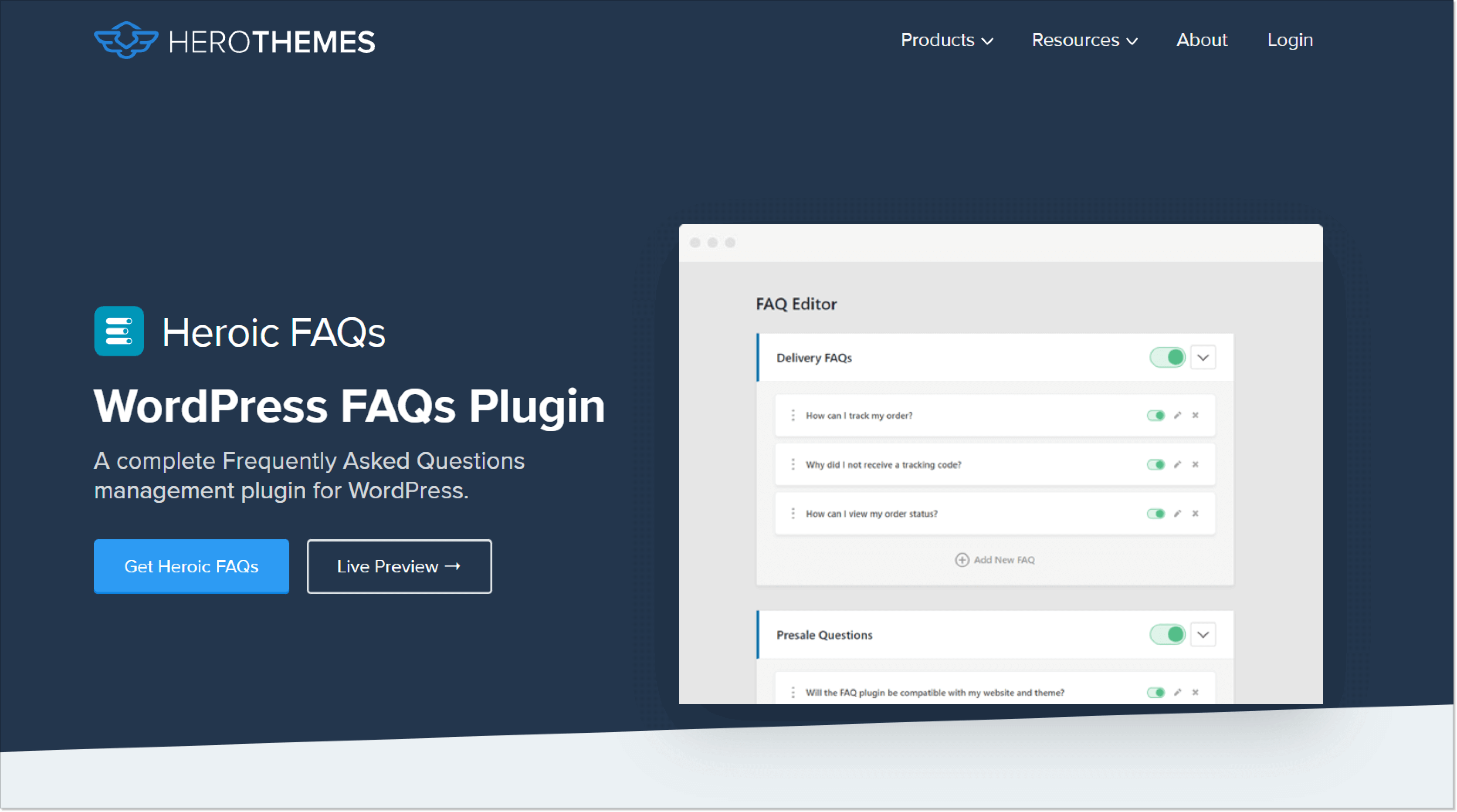 Heroic FAQs wordpress FAQ plugin landing page