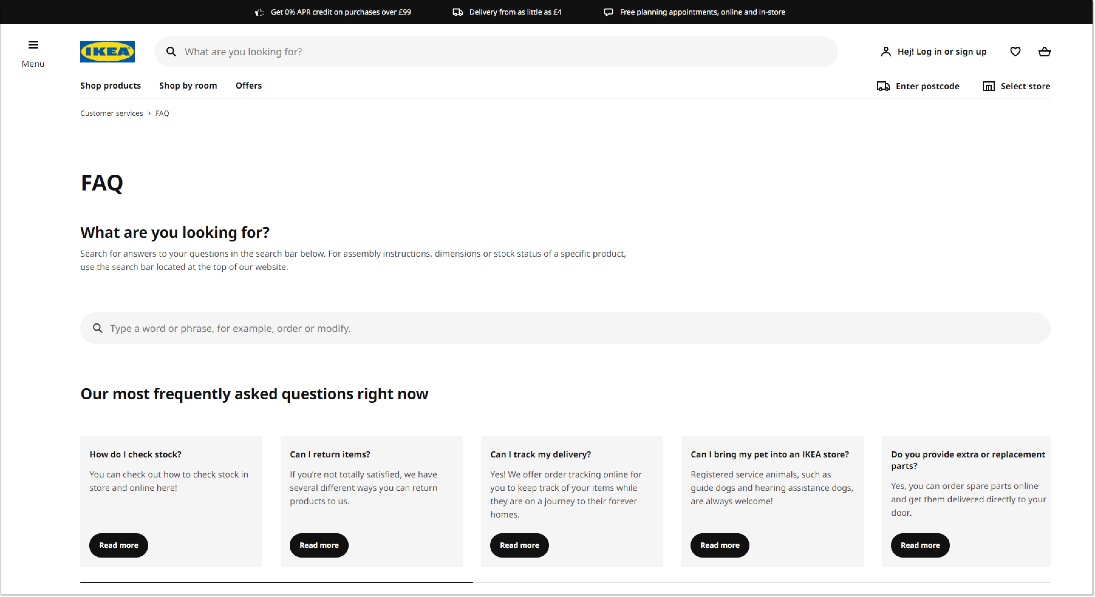IKEA FAQ page screenshot