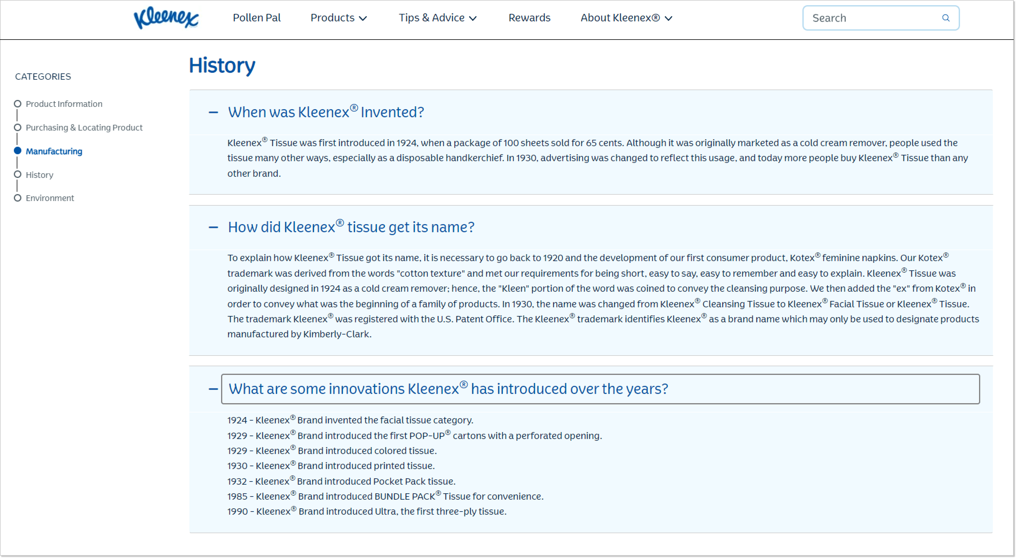 Kleenex FAQ page screenshot