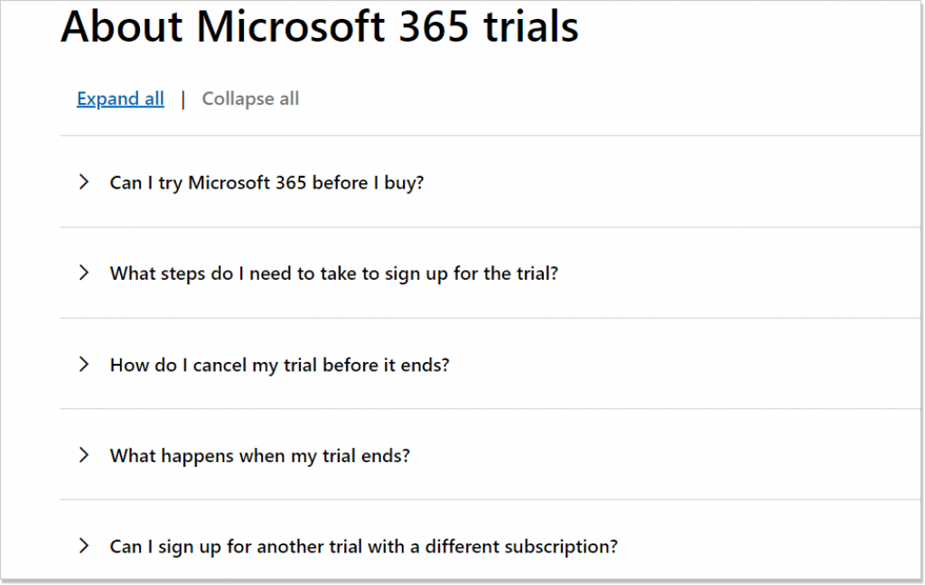 Microsoft 365 FAQ page screenshot
