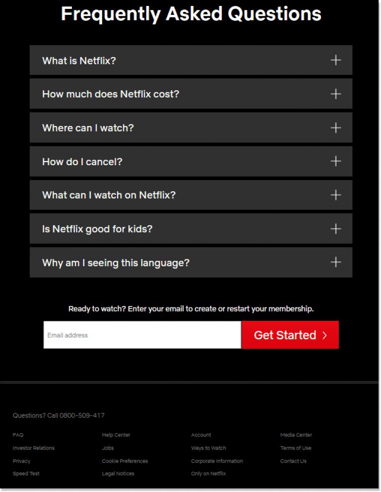 Netflix FAQ page screenshot