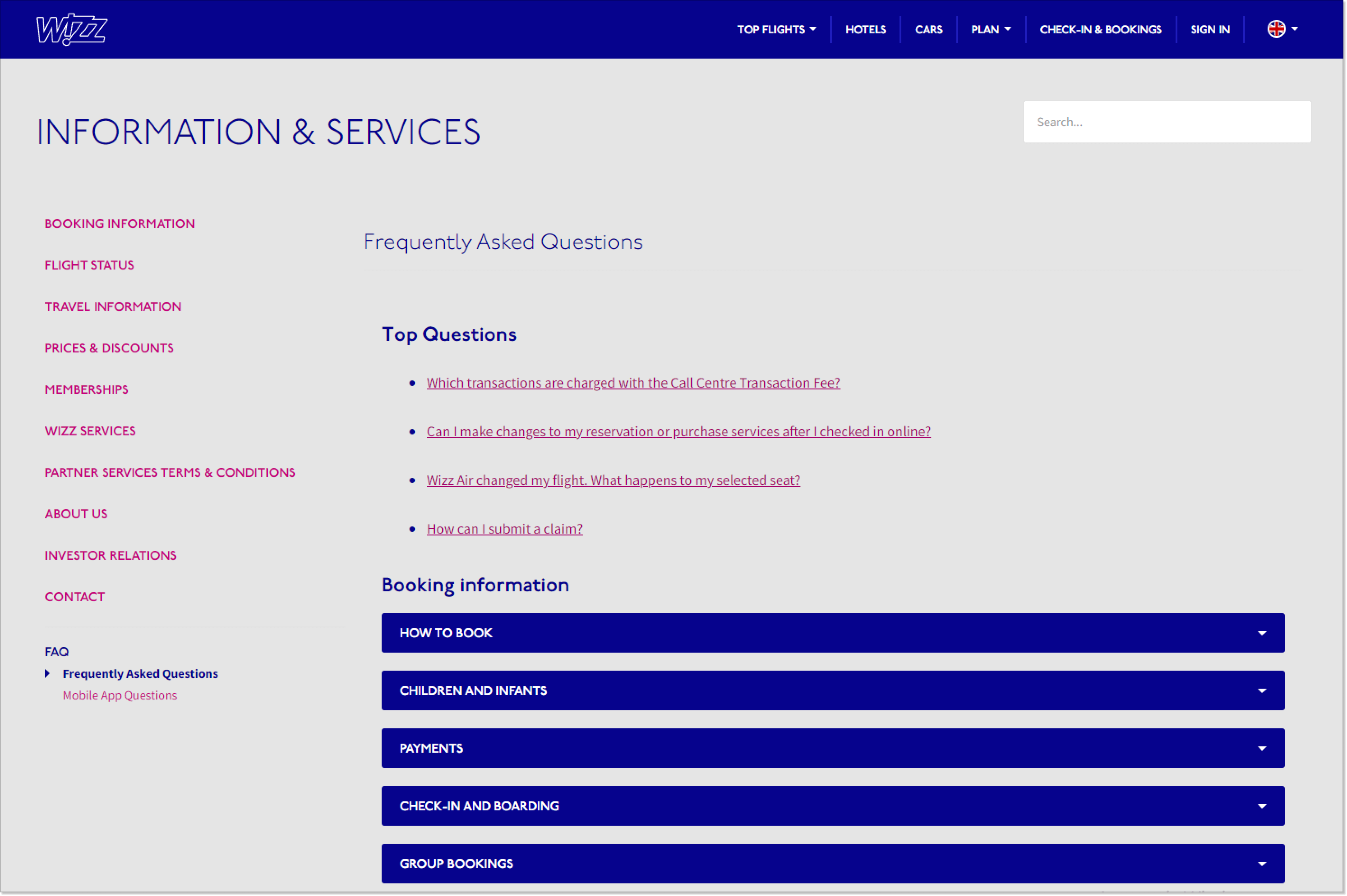 Wizz Air FAQ page screenshot