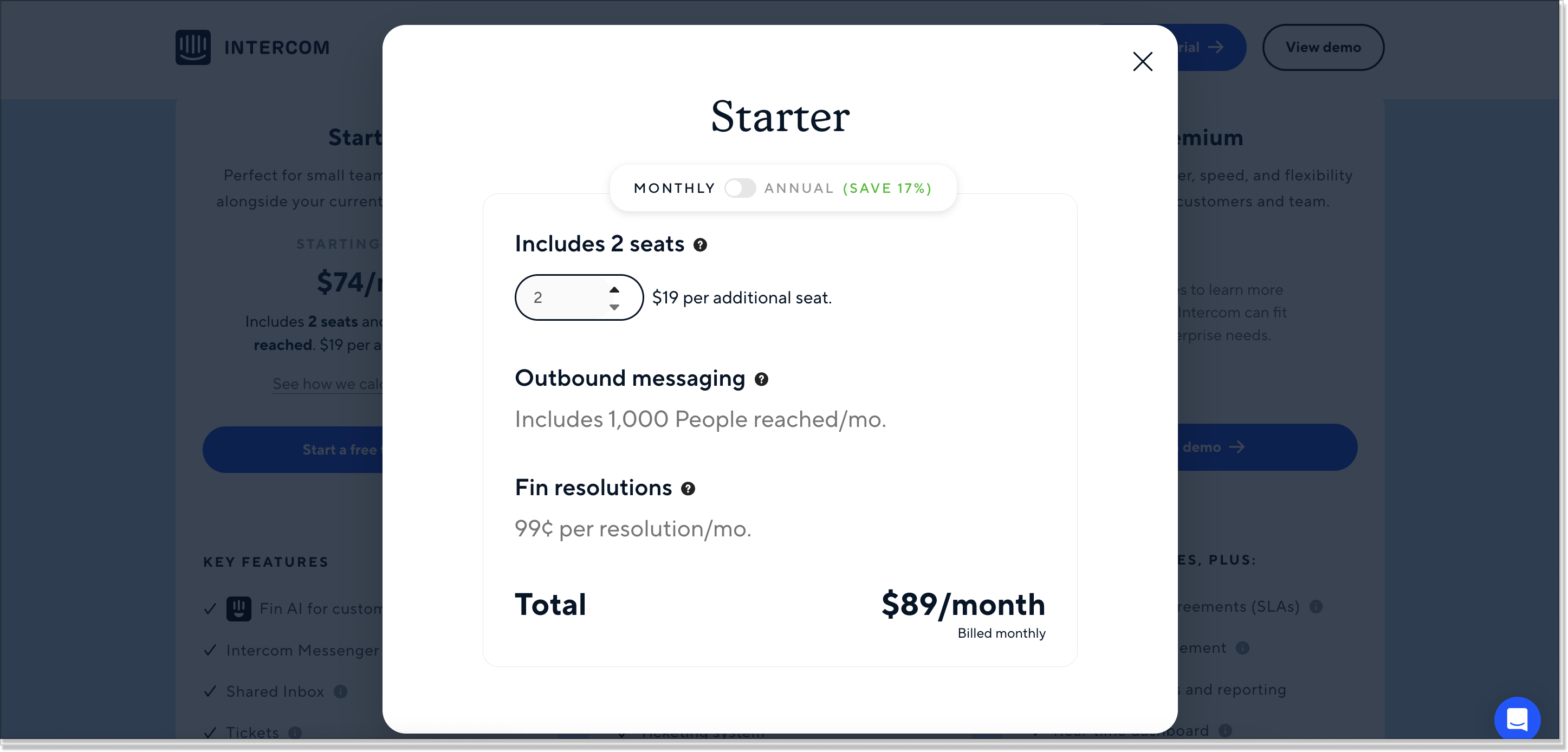 intercom price calculation for starter 1