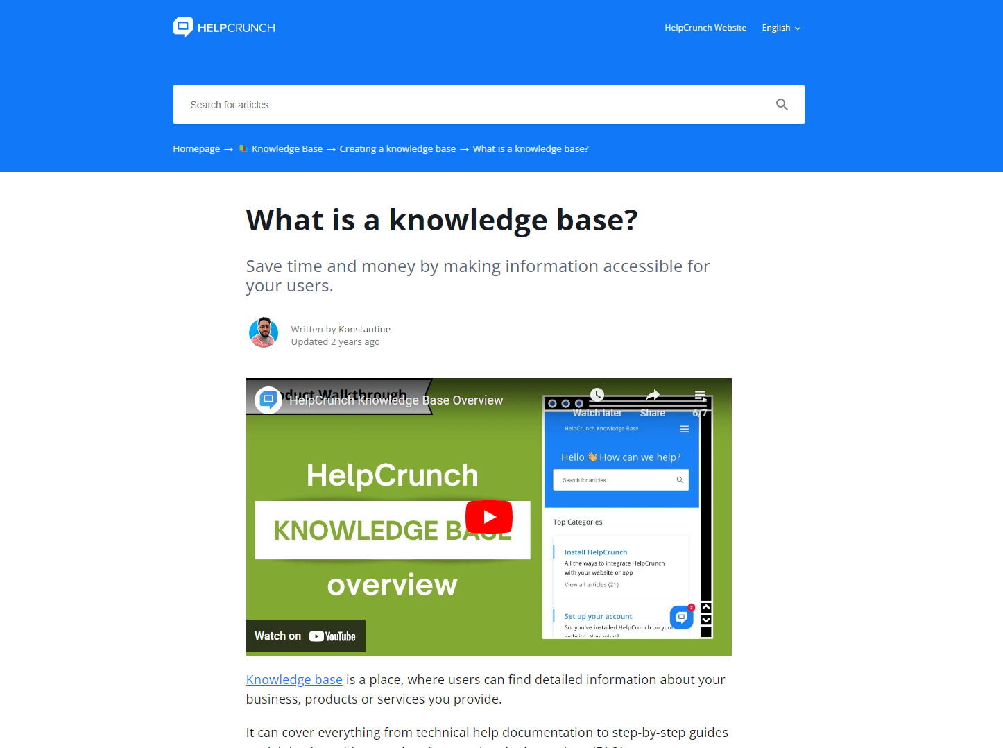 HelpCrunch knowledge base article example