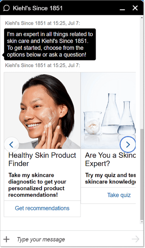 Kiehl's chatbot quiz recomendations