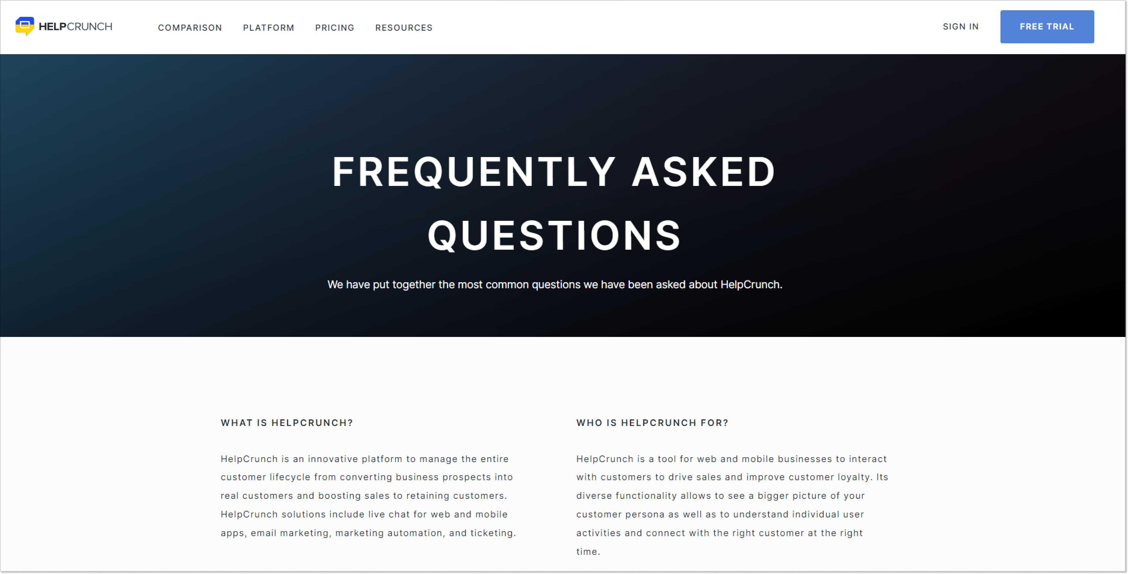 knowledge base definition HelpCrunch FAQ section