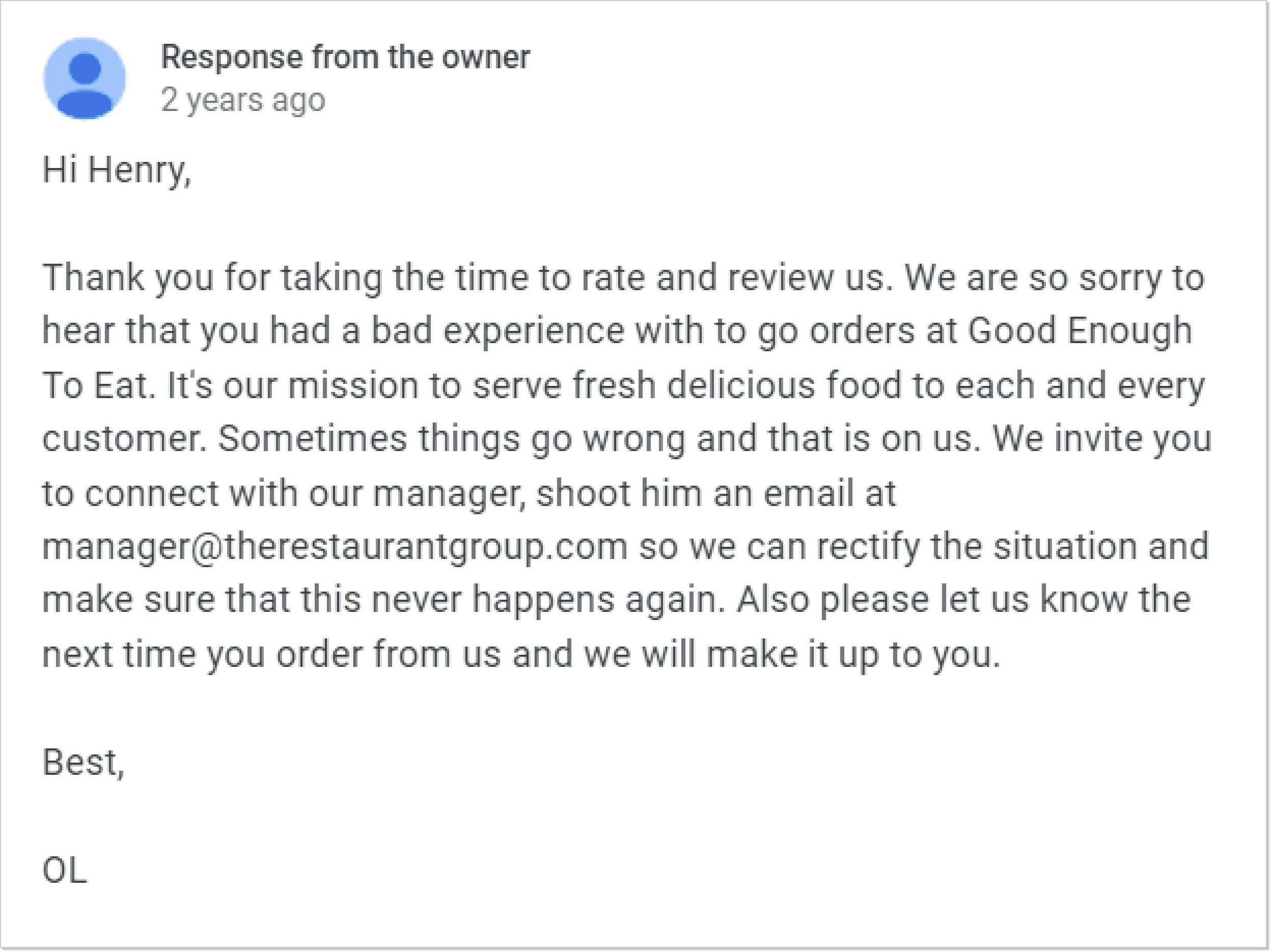 A screenshot of a restaurant responding to customer feedback on Google Reviews.
