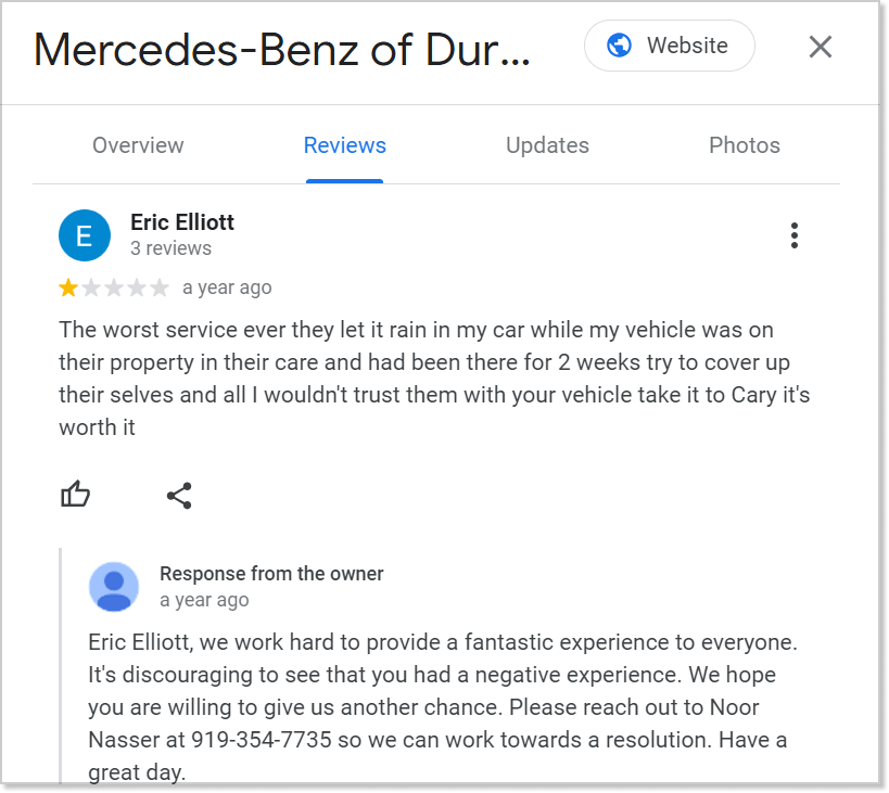 A negative review left by a Mercedez-Benz customer