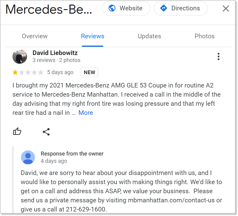 Screenshot of a negative customer review and response