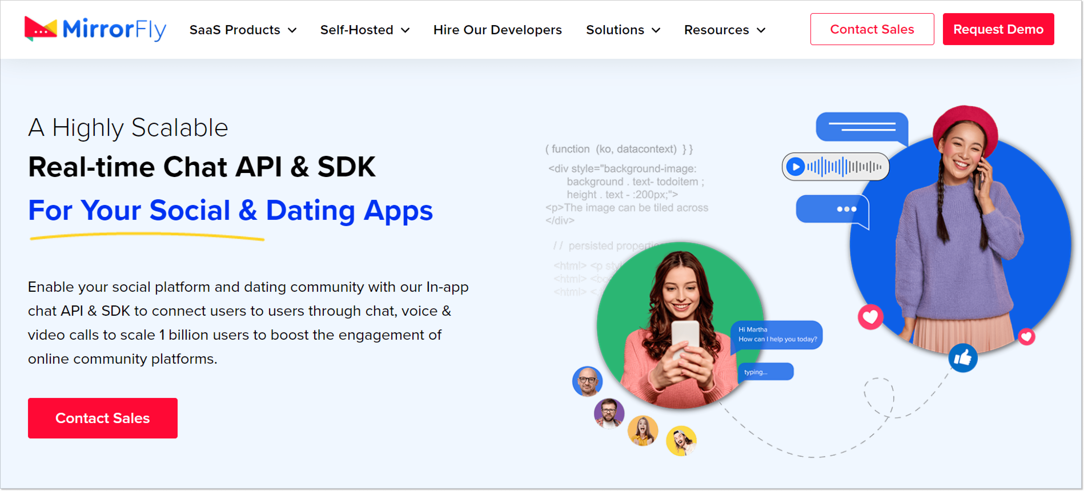 Lending page of a MirrorFly APIs product