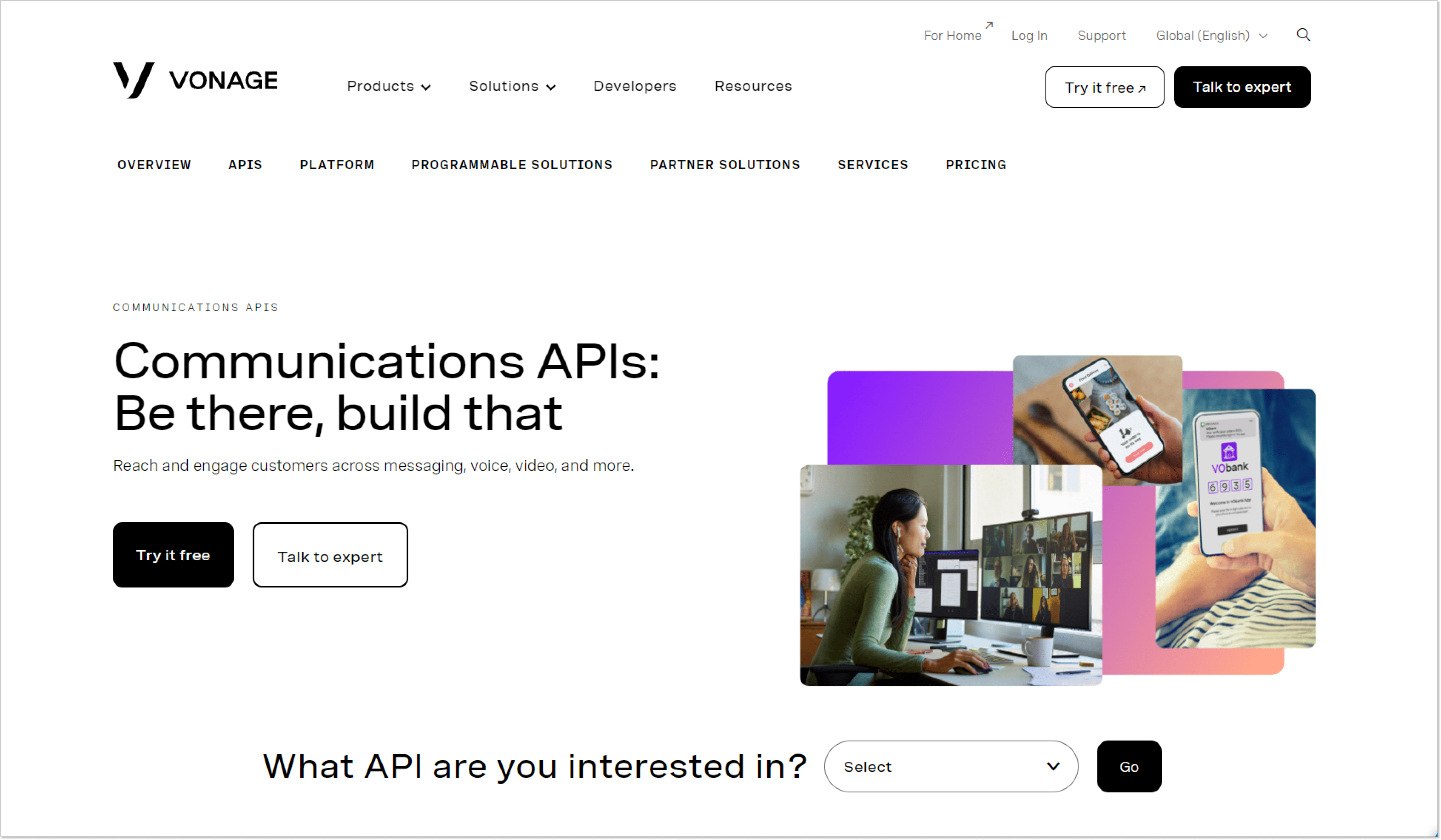 Lending page of a Vonage APIs product