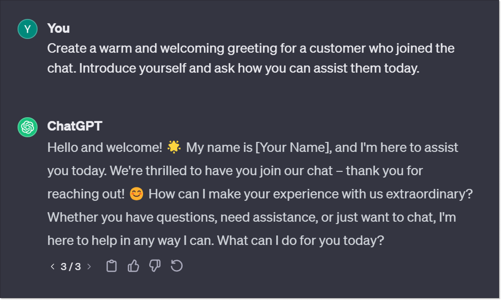 example of creating a greeting for a customer with chatgpt
