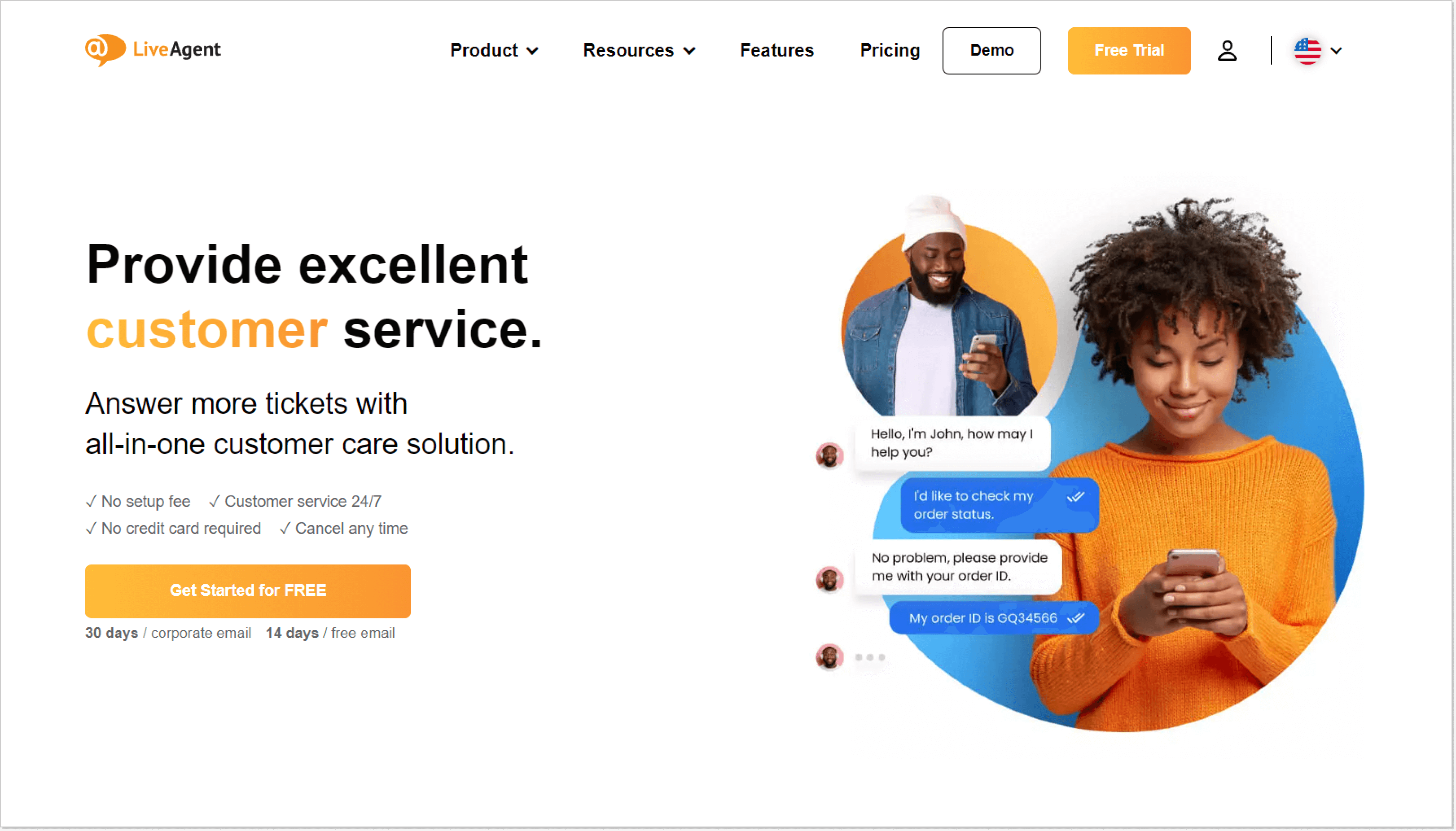liveagent customer service software landing page screenshot