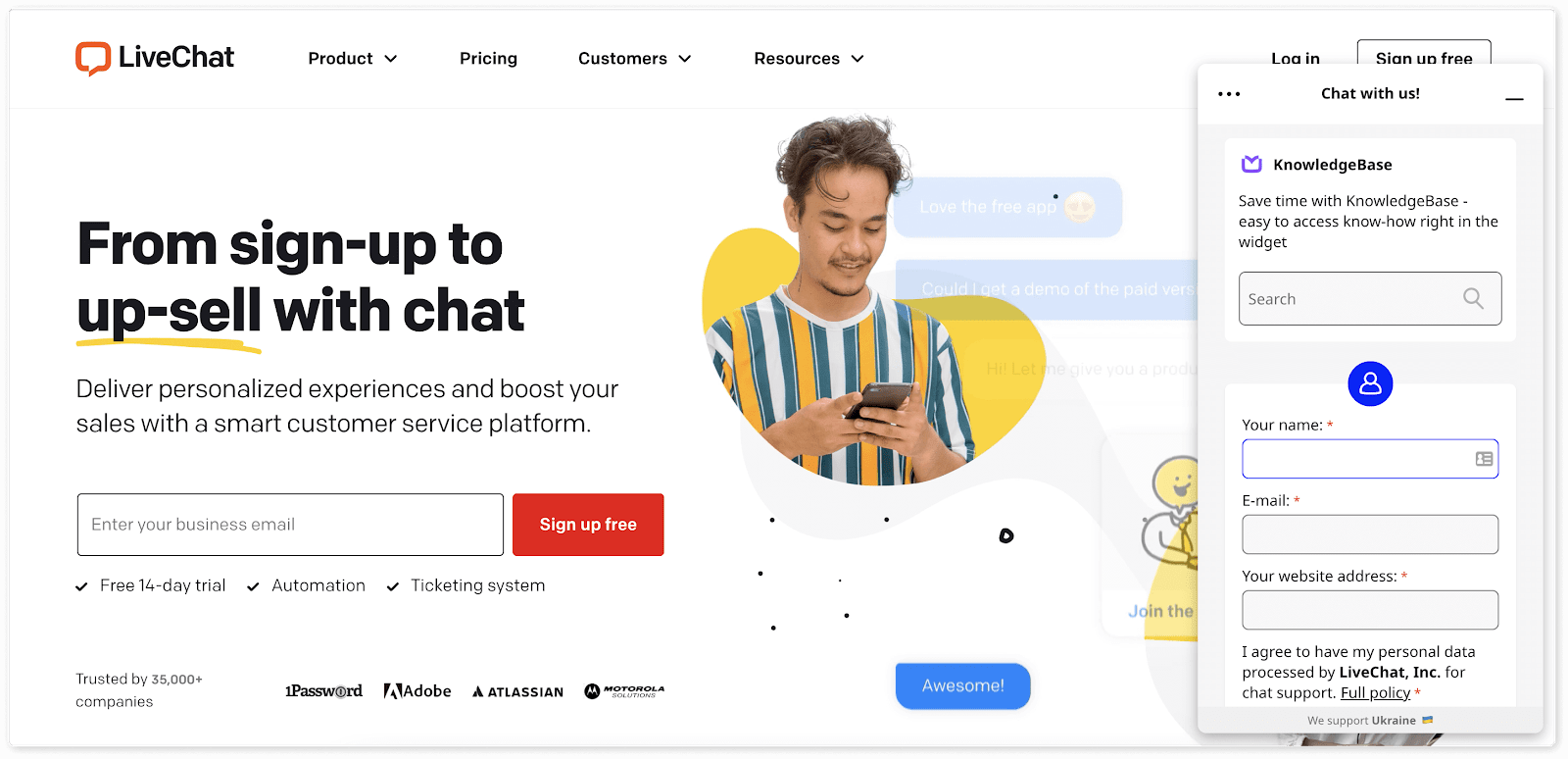 livechat customer service software landing page screenshot
