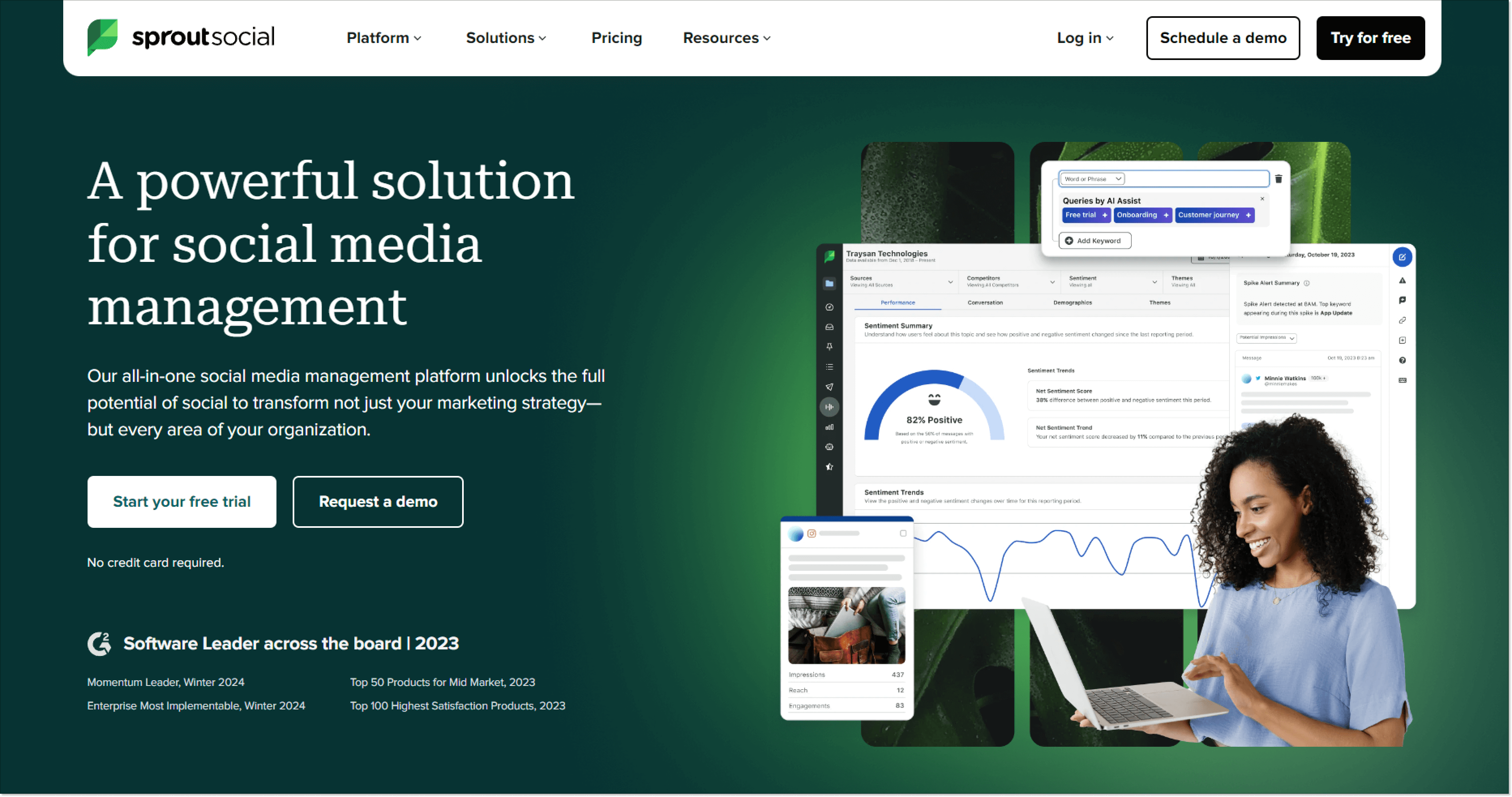 sprout social customer service software landing page screenshot