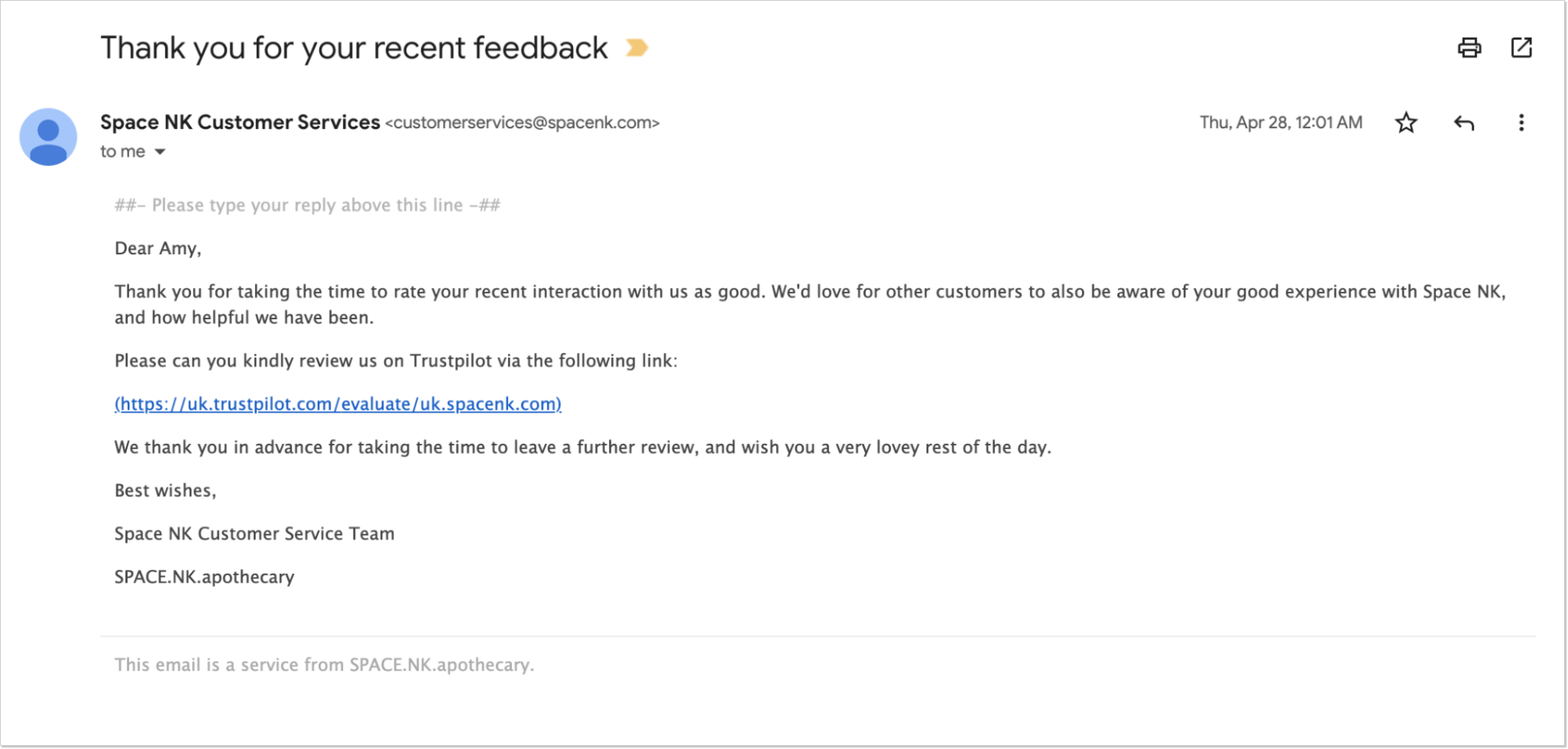 thank you for feedback email example