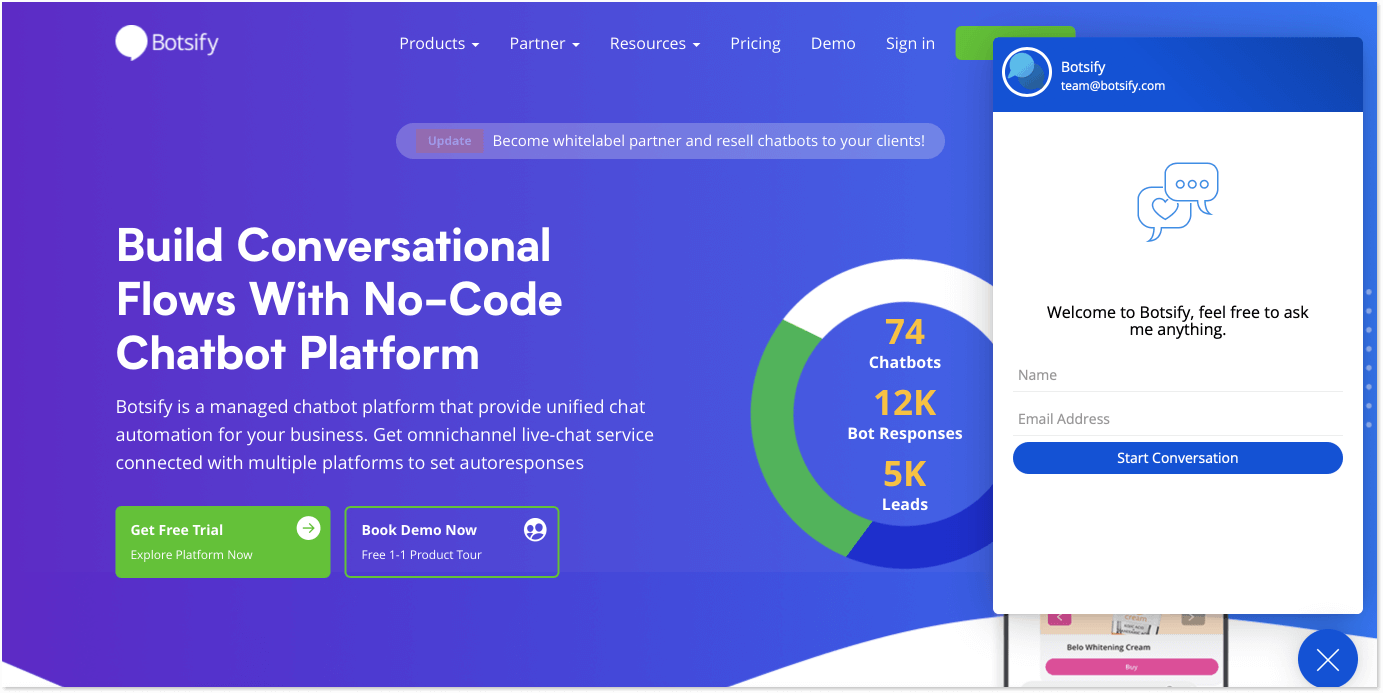 головна сторінка сервісу для створення чат-бота botsify
