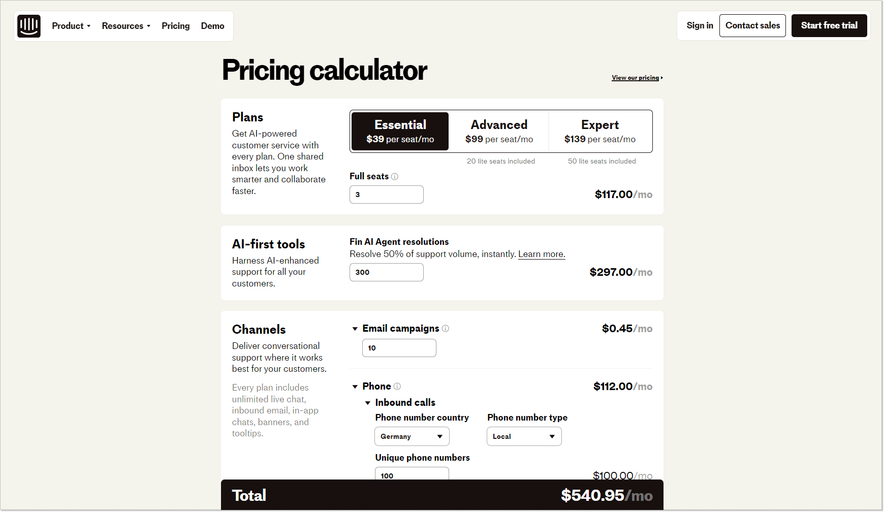 intercom pricing calculator page