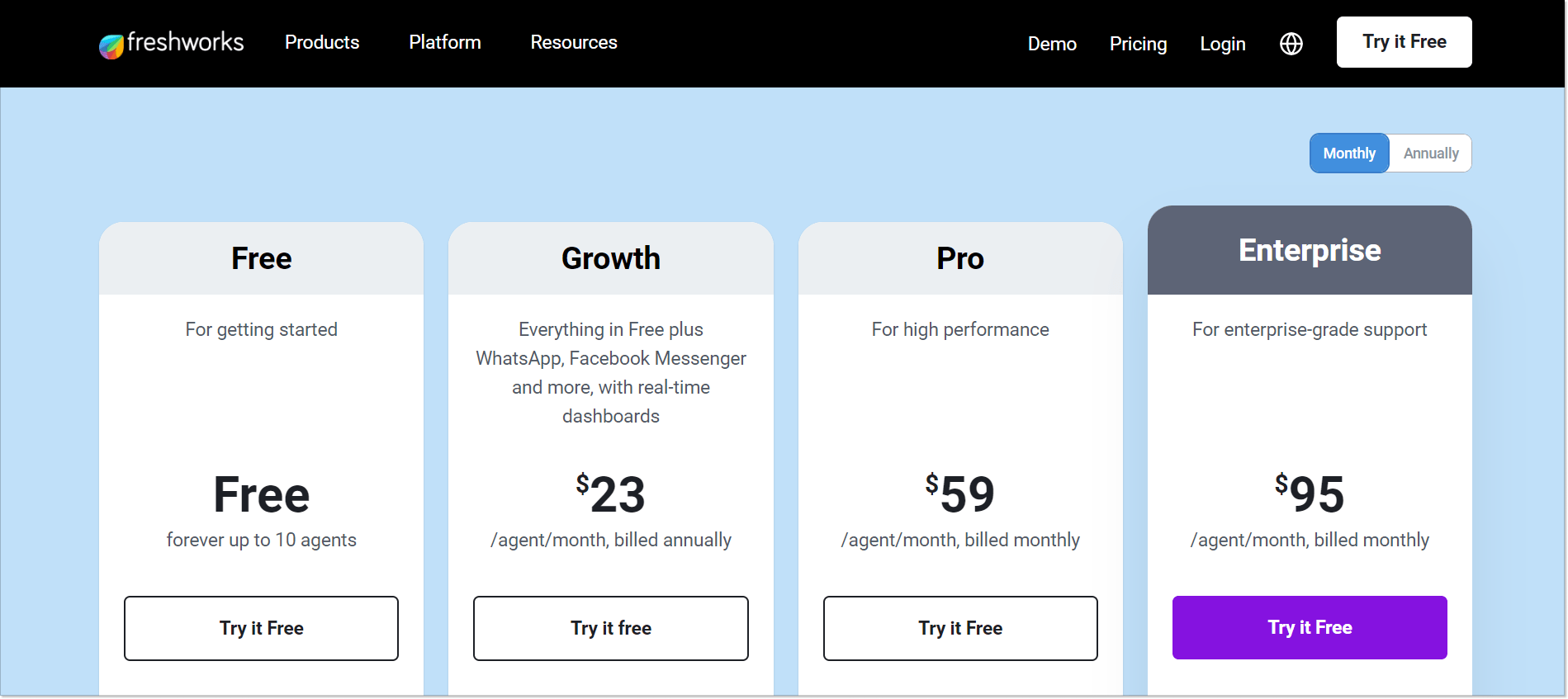 freshchat pricing and plans screenshot