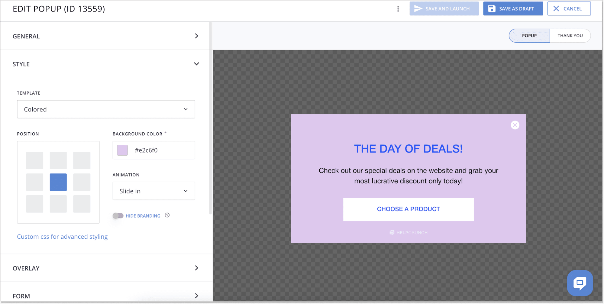 helpcrunch popups editor