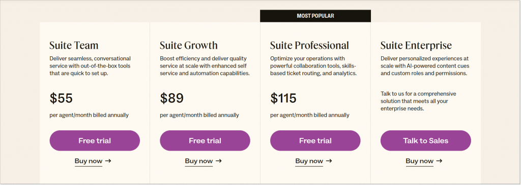 zendesk suite pricing screenshot