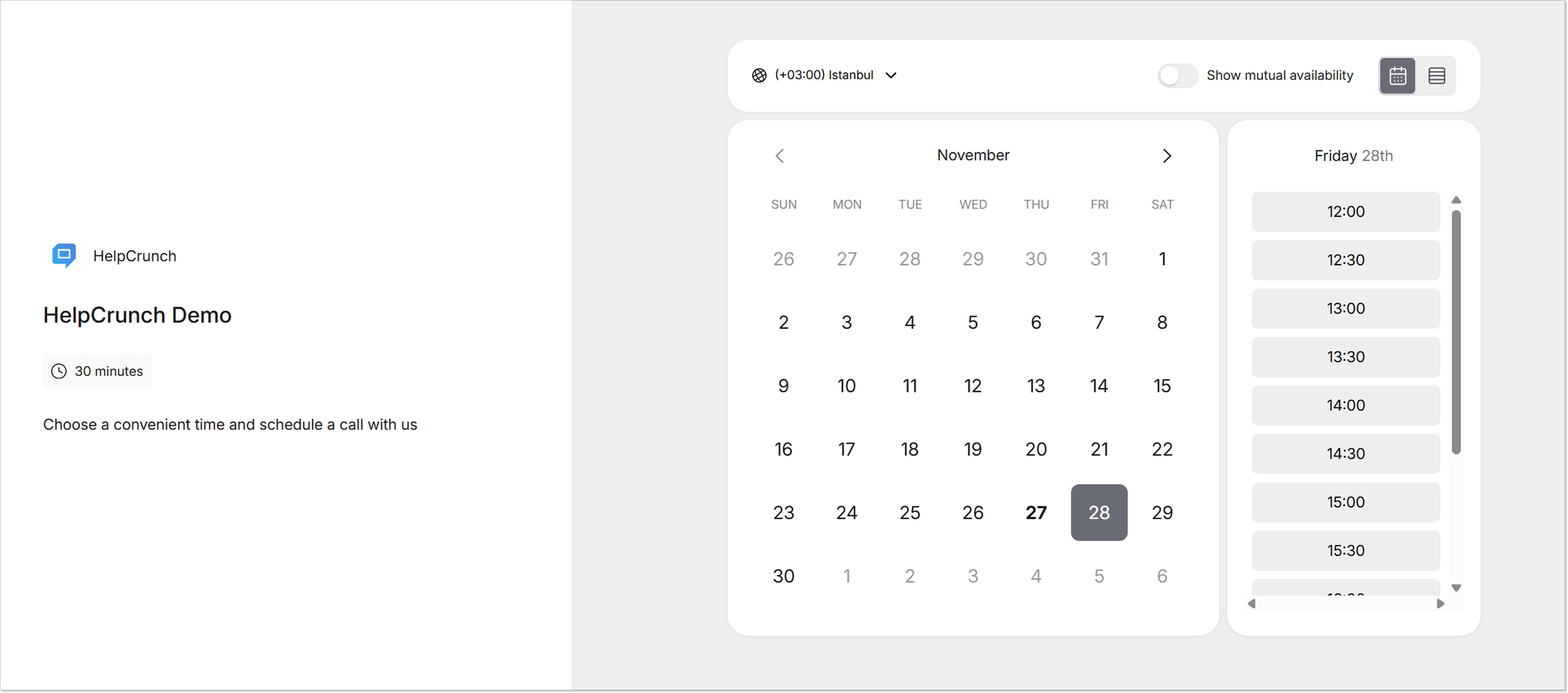 1-1 product demo sign up in HelpCrunch high-touch customer service onboarding example.