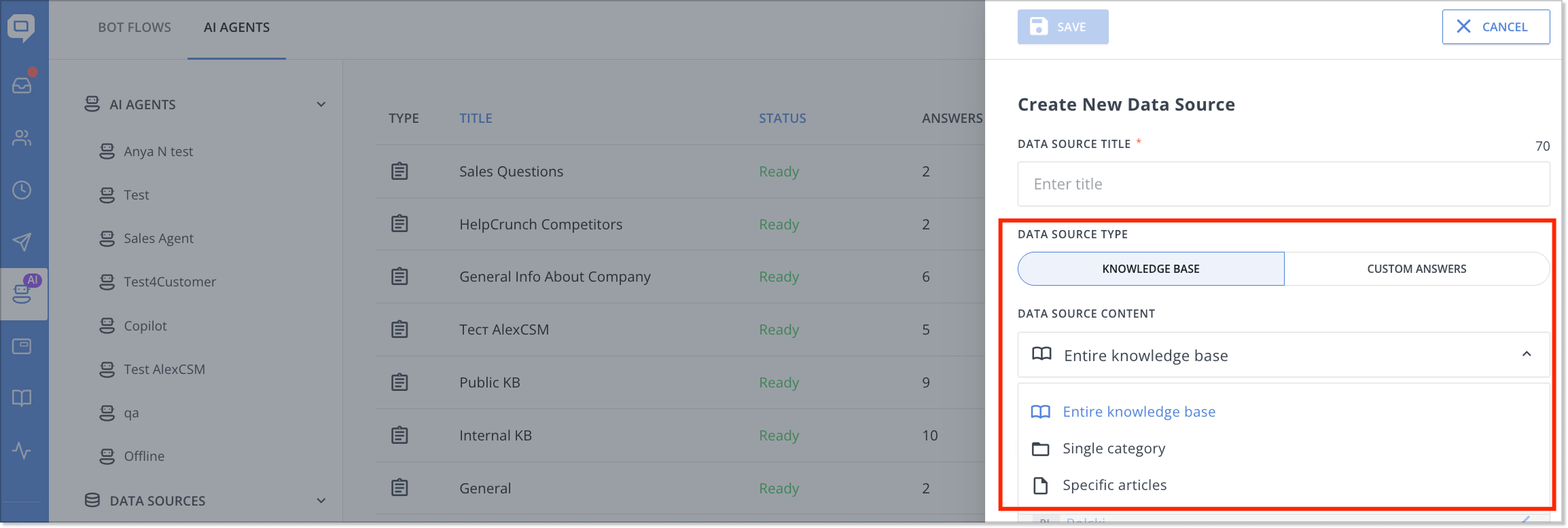 HelpCrunch knowledge base data source type for AI Agents