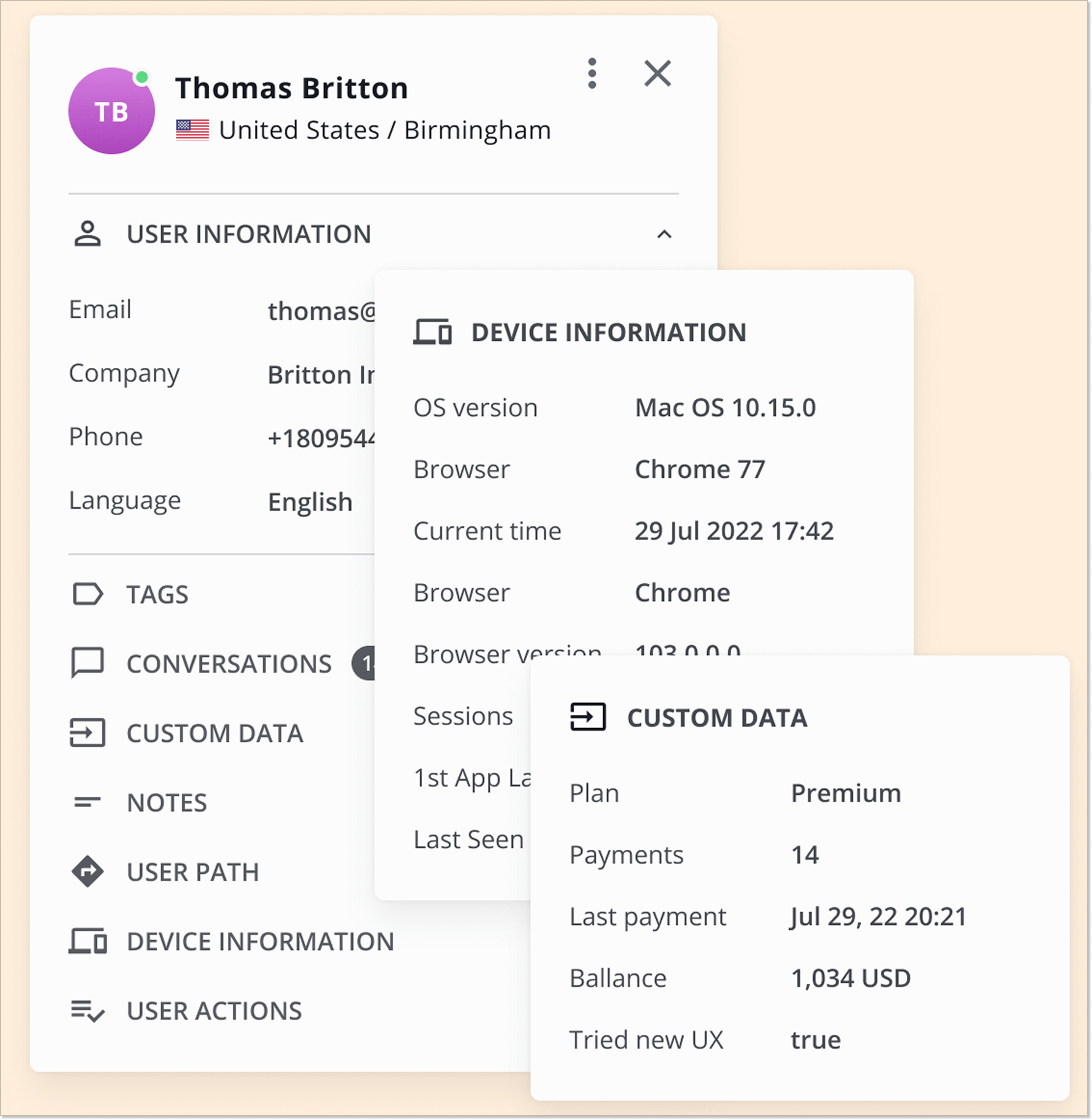 Customer data example for high-touch customer service on the HelpCruch platform.