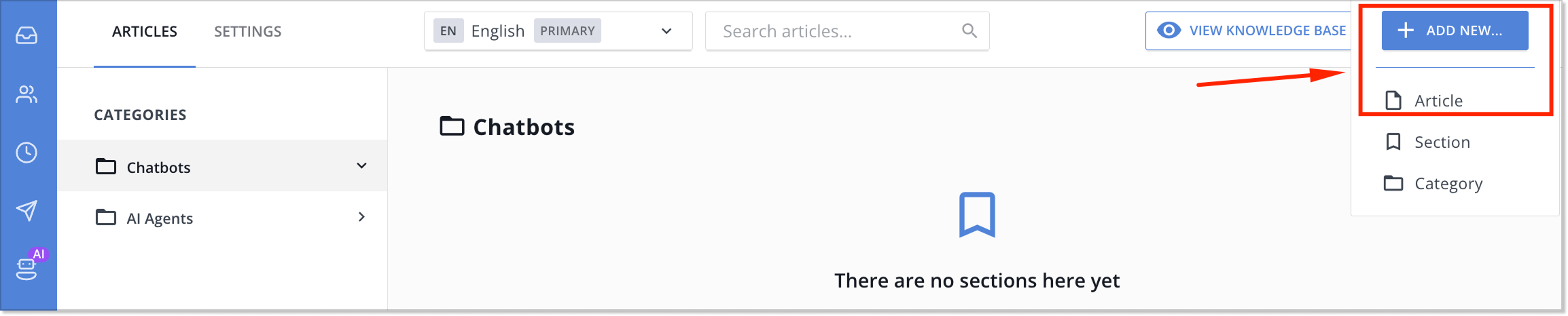 add new article in HelpCrunch knowledge base software