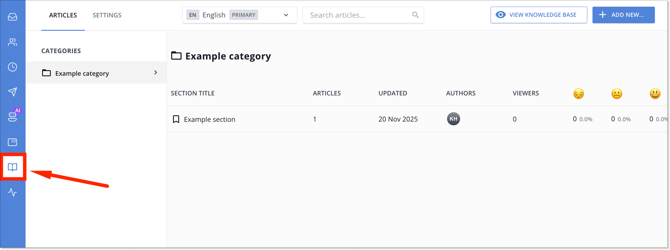 click on the HelpCrunch knowledge base icon