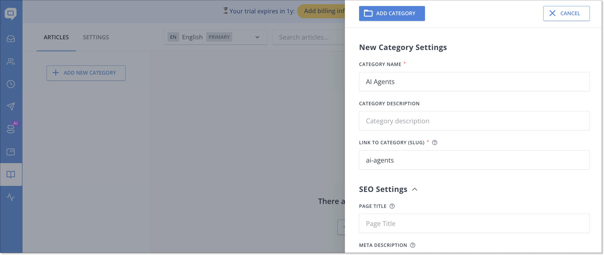 create categories in HelpCrunch knowledge base software