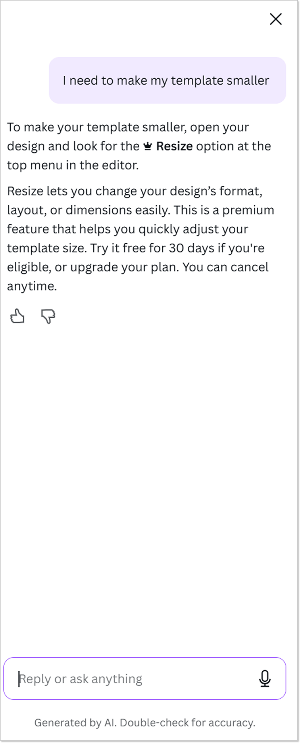 AI chatbot example in Canva customer support